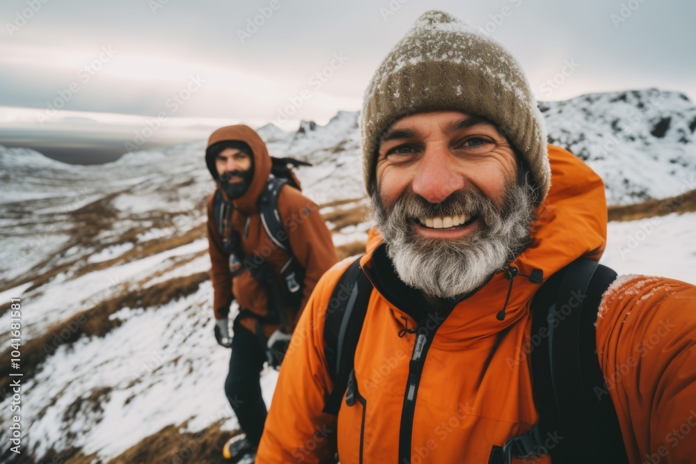 Selfie view of happy men hiking with beautiful natural landscape while snowing in Iceland Selfie view of happy men hiking with beautiful natural landscape while snowing in Iceland