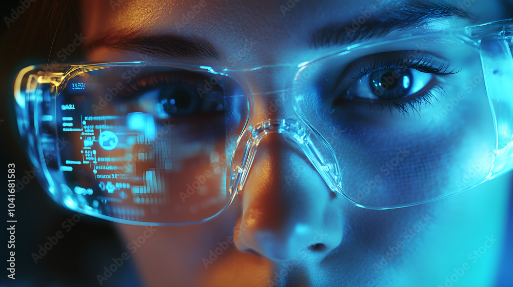 Detailed close-up of a person's face wearing futuristic glasses with holographic data reflected, representing wearable tech and augmented reality Detailed close-up of a person's face wearing futuristic glasses with holographic data reflected, representing wearable tech and augmented reality