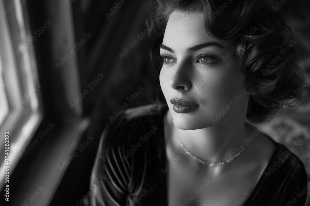 Naklejka premium Generative AI image of woman in style of black white cinema old fashioned movie