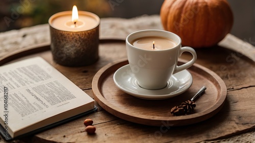 Cozy autumn arrangement with a coffee cup, lit candle, and journal on a wooden tray.