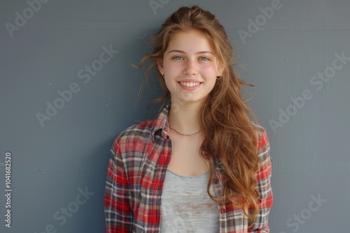 A young woman with long hair wears a plaid shirt