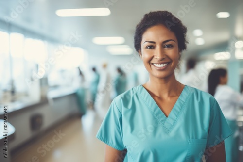 Smiling portrait of a middle aged Indian nurse in hospital