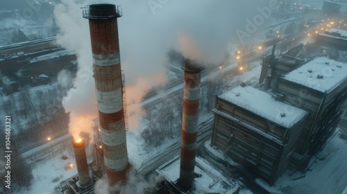 Winteransicht einer russischen Industrieanlage mit Schornsteinen für Umweltverträglichkeitsstudien photo