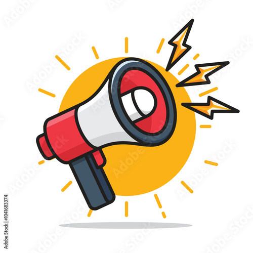 Megaphone with lightning bolts on a yellow circle background, concept of announcement or message.