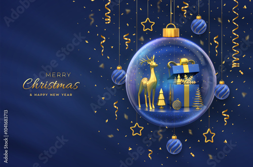 Christmas greeting card. Gold deer, gift box, golden showflake and shining ball, metallic spruce trees in a glass ball. New Year Xmas background, Holiday poster, banner, flyer. 3D Vector illustration. photo