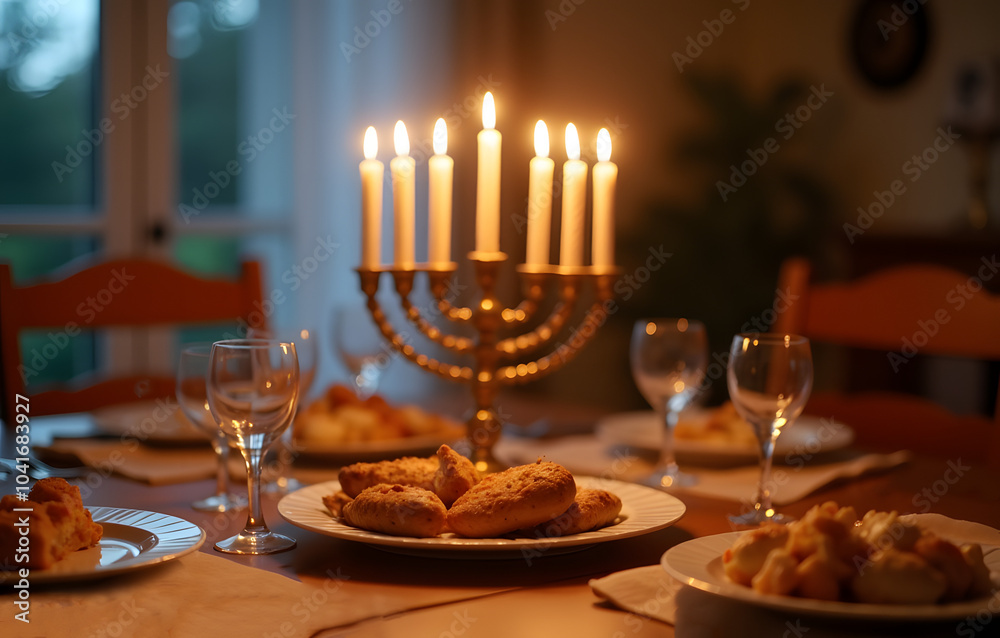 Warm Hanukkah dinner with menorah and pastries in intimate dining setting Warm Hanukkah dinner with menorah and pastries in intimate dining setting