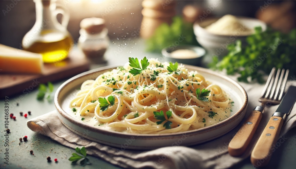 Italian Alfredo Pasta with Fresh Herbs and Parmesan in a Cozy Setting Italian Alfredo Pasta with Fresh Herbs and Parmesan in a Cozy Setting