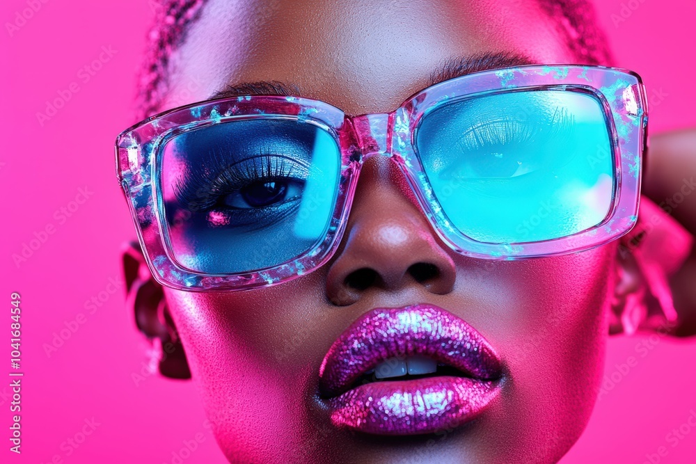 Close-up of a model with bright makeup and oversized blue-tinted glasses set against a neon pink background, highlighting bold colors and fashion statement. Close-up of a model with bright makeup and oversized blue-tinted glasses set against a neon pink background, highlighting bold colors and fashion statement.