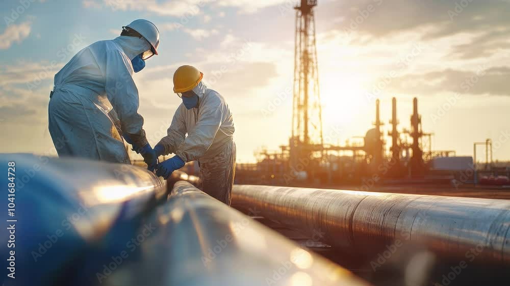 Two workers collaborate to connect pipelines while wearing safety gear at an oil field during dusk Two workers collaborate to connect pipelines while wearing safety gear at an oil field during dusk