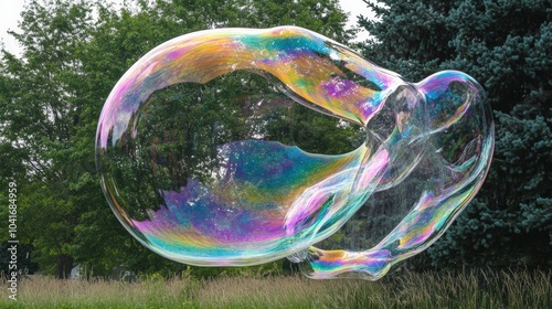 Giant iridescent soap bubble hovering in the air, surrounded by lush green trees, creating a whimsical and colorful spectacle.