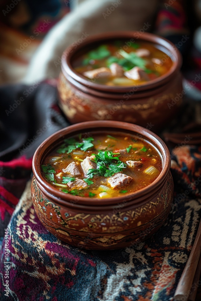 Two bowls of soup served with chopsticks, perfect for Asian-inspired meals or cultural celebrations Two bowls of soup served with chopsticks, perfect for Asian-inspired meals or cultural celebrations