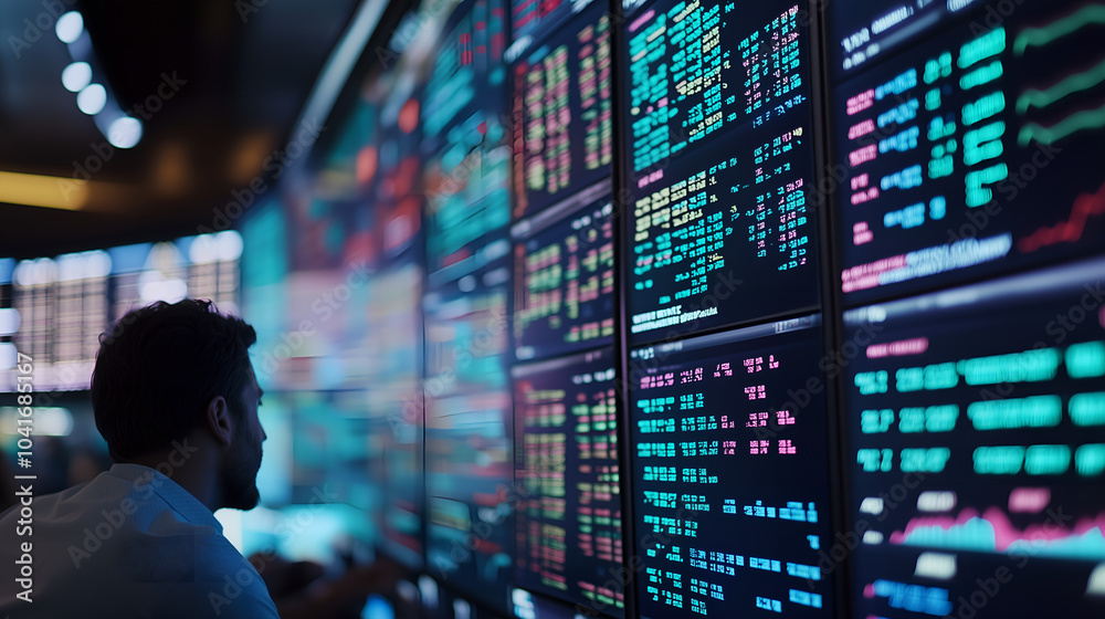 A trader reviewing live stock market data on large digital screens in a busy trading environment A trader reviewing live stock market data on large digital screens in a busy trading environment