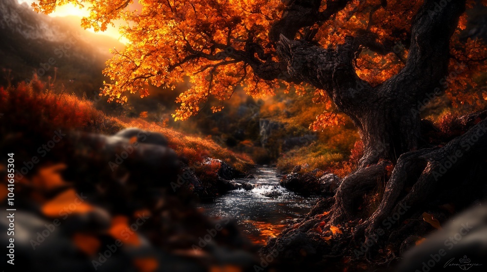 A vibrant autumn landscape with a river flowing through a forest. A vibrant autumn landscape with a river flowing through a forest.