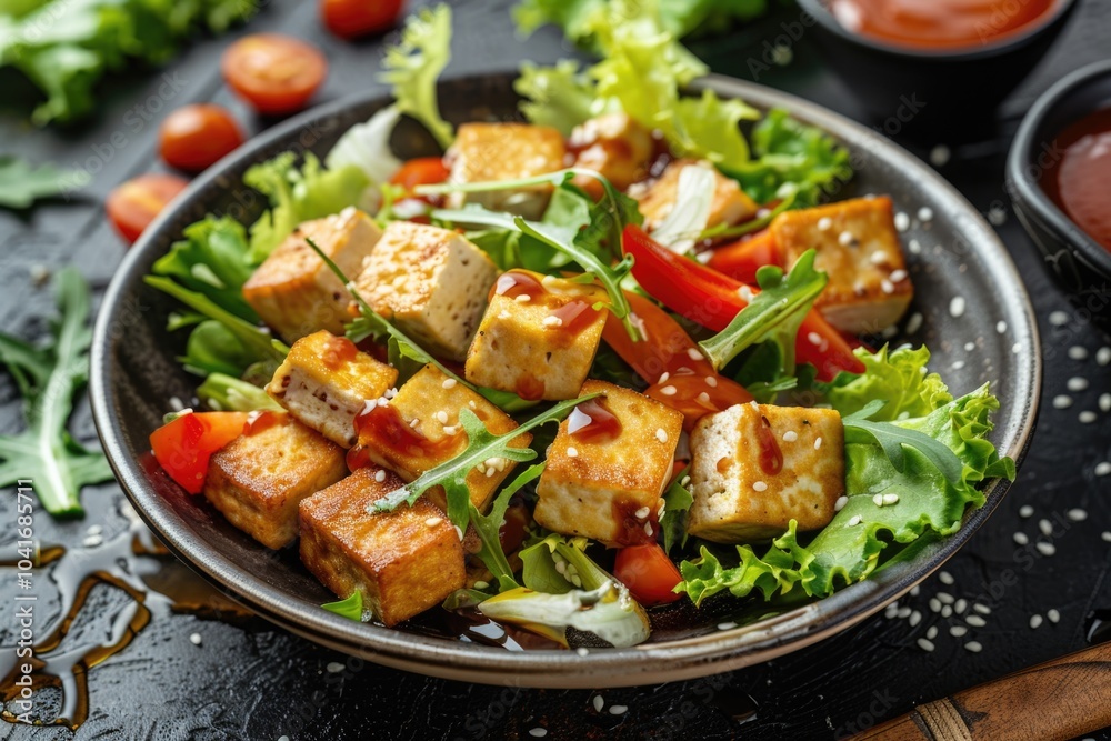 A plate of crispy tofu and fresh lettuce, ready for a healthy meal A plate of crispy tofu and fresh lettuce, ready for a healthy meal