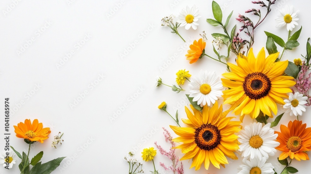 Obraz premium A colorful floral arrangement featuring sunflowers and daisies set on a clean white backdrop.