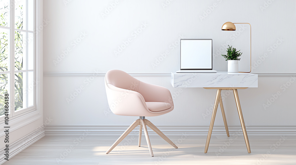 Fototapeta premium Elegant chic home office design featuring a pink velvet chair and marble desk for modern aesthetics