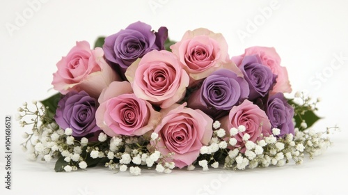 A luxurious bouquet of pink and purple roses with babyâ€™s breath on a white backdrop.