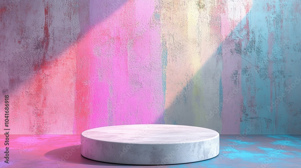 Vibrant neon lights cast colorful shadows on a textured concrete wall, illuminating a minimalist white circular podium in a dreamy, futuristic setting. Vibrant neon lights cast colorful shadows on a textured concrete wall, illuminating a minimalist white circular podium in a dreamy, futuristic setting.