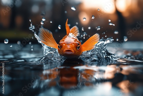 A vibrant goldfish makes a dramatic splash as it leaps energetically above the water, illuminated by warm, golden sunlight, creating an exhilarating display. photo