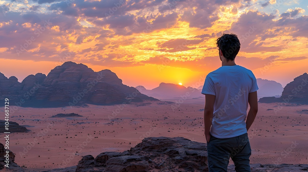 Young male admiring a stunning desert sunset with rocky mountains in the background. Young male admiring a stunning desert sunset with rocky mountains in the background.