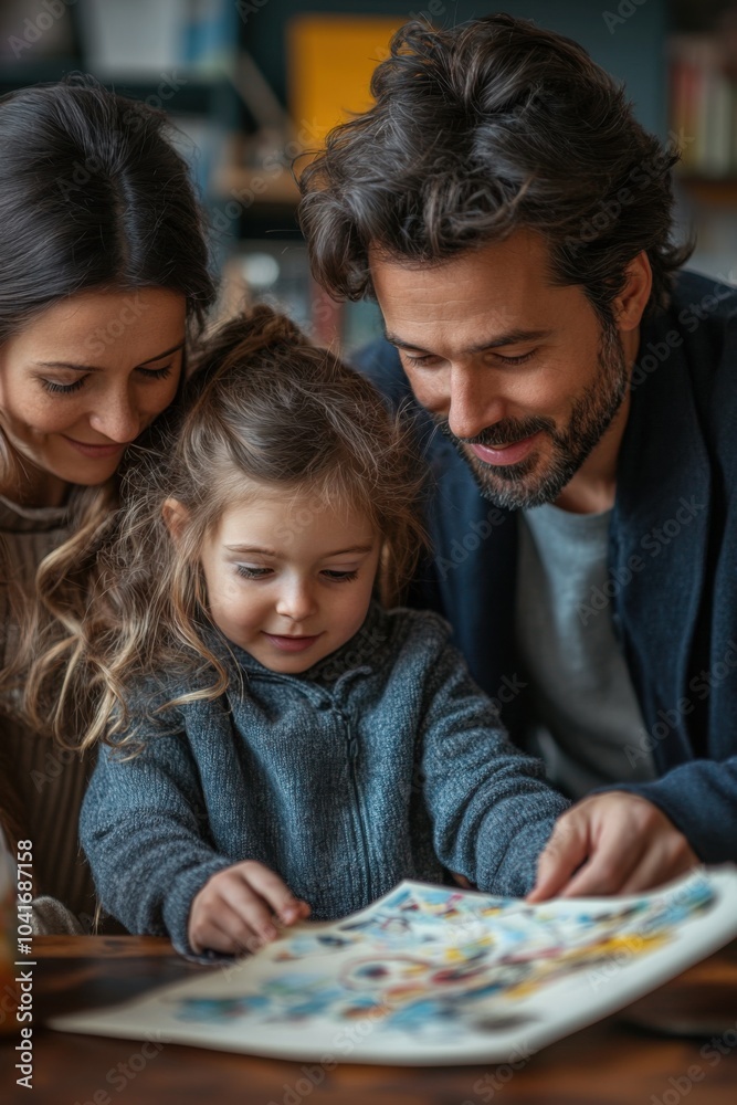 Man and woman and a child looking at a book Man and woman and a child looking at a book