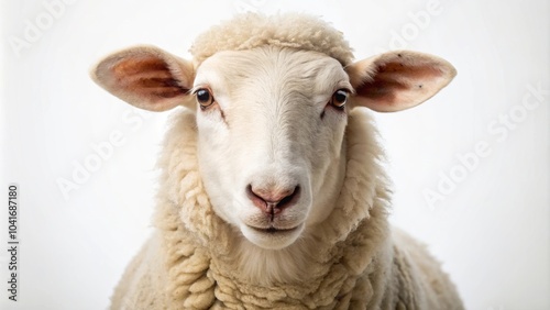 Close-up view of a sheep in a studio setting with a white background, perfect for incorporating copy space.