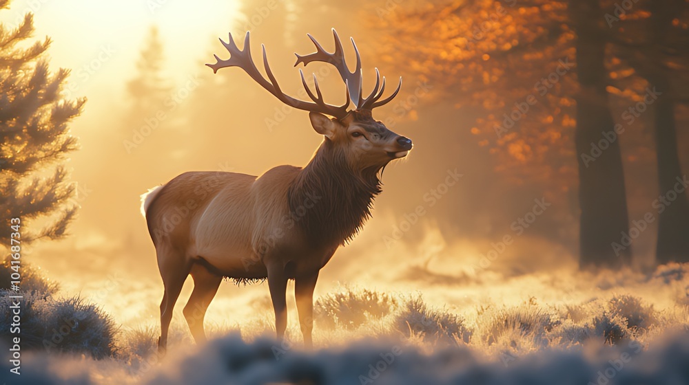 A majestic elk stands tall in a misty forest with the golden sunrise in the background. A majestic elk stands tall in a misty forest with the golden sunrise in the background.
