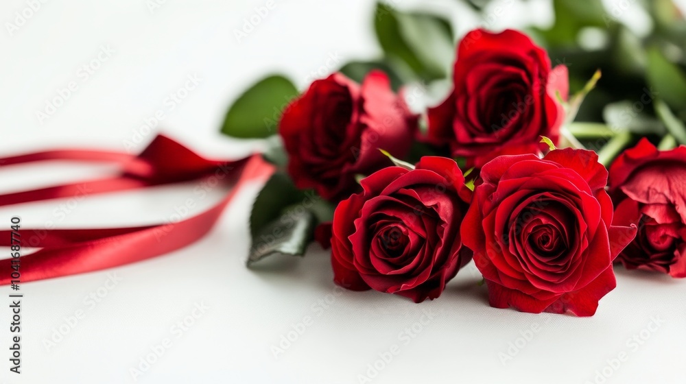 A romantic bouquet of red roses tied with a satin ribbon, displayed on a white background. A romantic bouquet of red roses tied with a satin ribbon, displayed on a white background.