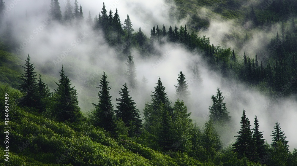 Misty Forest Landscape with Evergreen Trees Misty Forest Landscape with Evergreen Trees