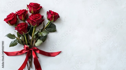 A romantic bouquet of red roses tied with a satin ribbon, displayed on a white background.