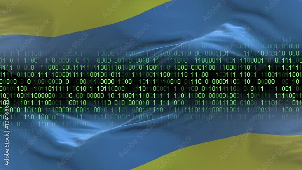Rwanda flag - 3D realistic waving flag on matrix digital background with binary code