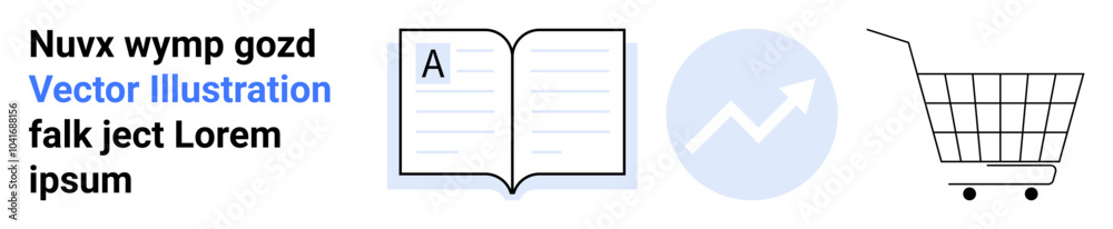 Open book with text on left a circular blue chart with an upward arrow in the middle and a shopping cart on right. Ideal for education e-commerce business analytics online store. Landing page Open book with text on left a circular blue chart with an upward arrow in the middle and a shopping cart on right. Ideal for education e-commerce business analytics online store. Landing page