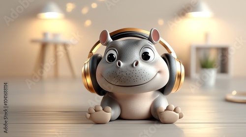 Baby hippo giving a sideeye, trendy headphones, vivid 3D illustration, vibrant urban setting, sunset tones photo