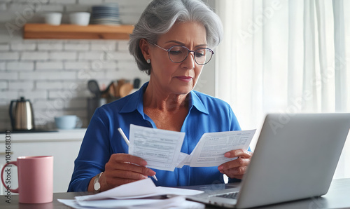 Senior woman checking bills and using laptop at kitchen table.