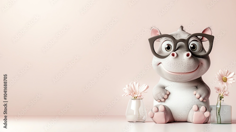 Fototapeta premium Baby hippo wearing oversized glasses, sarcastic smirk, 3D office setting with colorful details, playful vibe