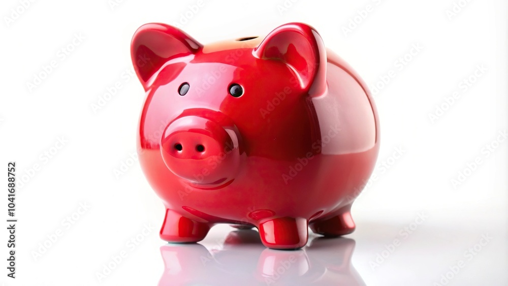 Red piggy bank reflected on white background Red piggy bank reflected on white background