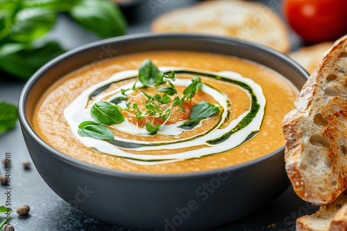 rustic tomato bisque topped with cream swirl and micro basil, crusty baguette slices photo