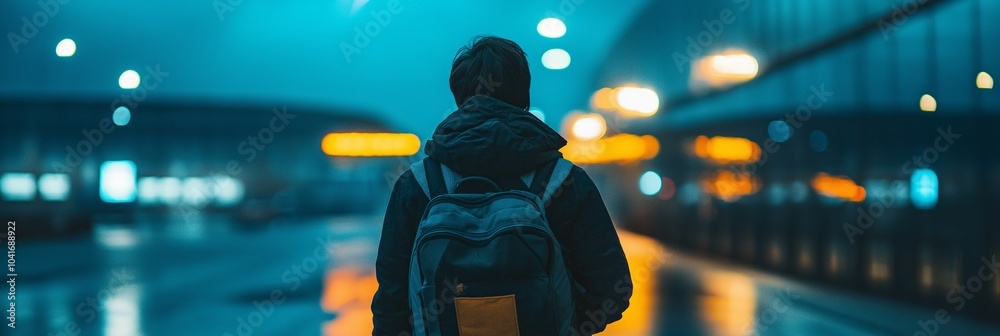 A person with a backpack stands in a softly lit urban environment at night, symbolizing exploration and solitude. A person with a backpack stands in a softly lit urban environment at night, symbolizing exploration and solitude.