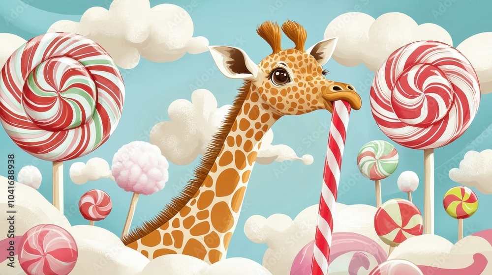 A baby giraffe playfully licking a candy cane in a whimsical candy land filled with giant lollipops and cotton candy clouds, Illustration A baby giraffe playfully licking a candy cane in a whimsical candy land filled with giant lollipops and cotton candy clouds, Illustration
