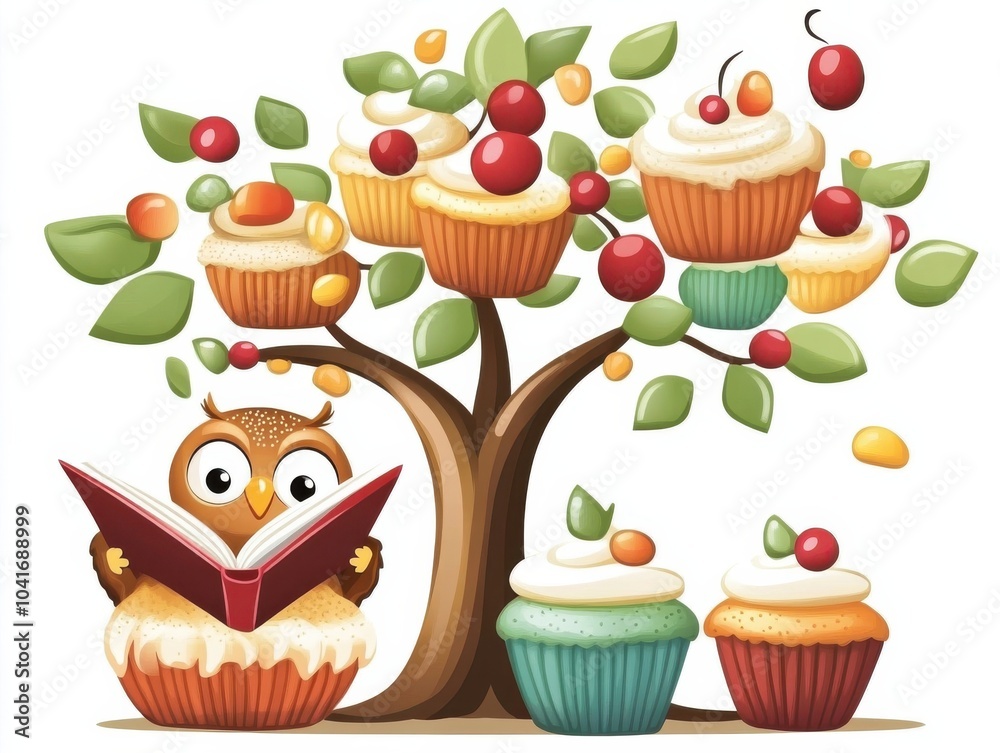 A cheerful owl reading a book beneath a whimsical tree of colorful cupcakes with frosting leaves and candy fruits, Illustration A cheerful owl reading a book beneath a whimsical tree of colorful cupcakes with frosting leaves and candy fruits, Illustration