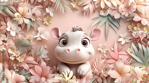 Cute baby hippo rolling eyes, vibrant 3D art, colorful tropical jungle scene, playful attitude photo