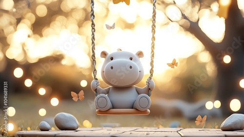 Sarcastic baby hippo on a swing, bright 3D illustration, colorful playground backdrop, exaggerated cartoon style