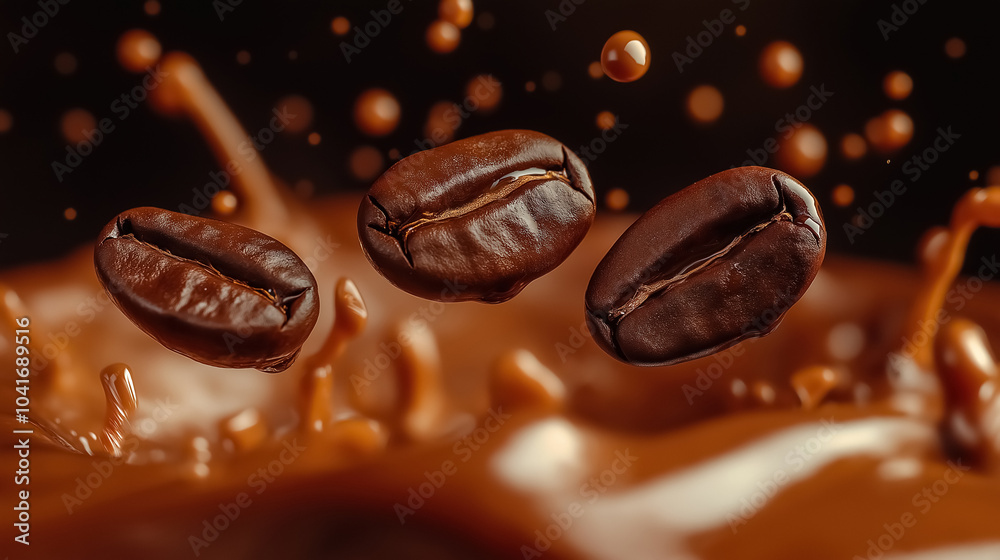 Coffee beans splashing into rich brown liquid Coffee beans splashing into rich brown liquid