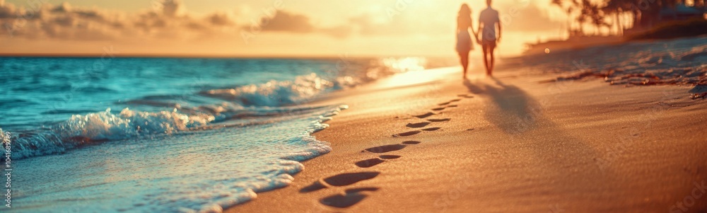 Footprints in the sand of a beach with a couple walking towards the ocean Footprints in the sand of a beach with a couple walking towards the ocean