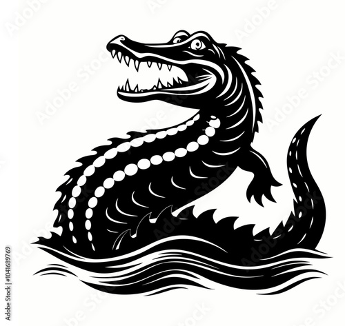 Vector illustration of an alligator's head emerging from the water, in black and white, styled as a cartoon silhouette icon.