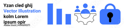 Three bar graphs, three people figures on a gear, and a locked padlock. Ideal for business analytics, team collaboration, data security, growth analysis, and corporate strategy. Landing page