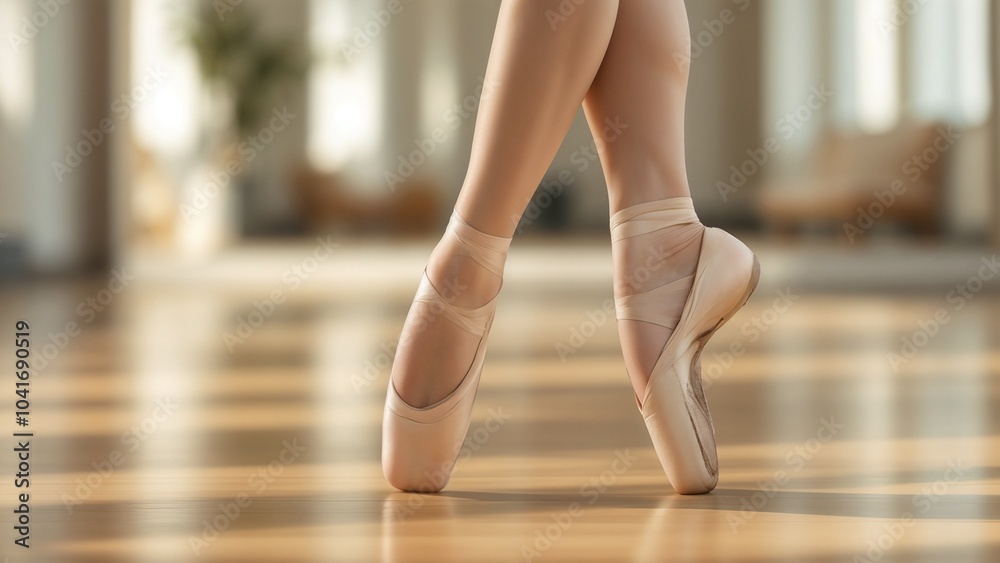 Elegant Ballerina En Pointe in Soft Pink Ballet Shoes Against Blurred Studio Background Elegant Ballerina En Pointe in Soft Pink Ballet Shoes Against Blurred Studio Background