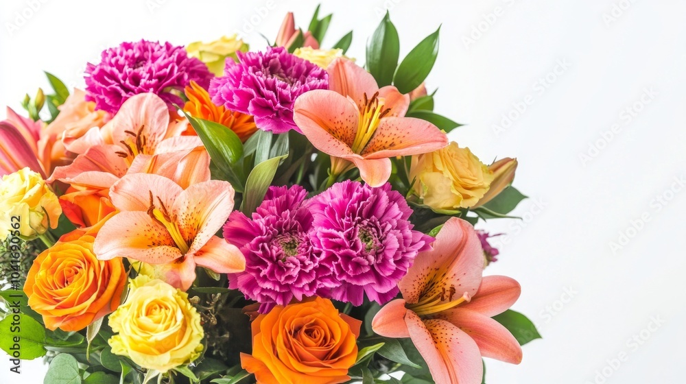 A vibrant bouquet of mixed flowers with roses, lilies, and carnations against a plain white background. A vibrant bouquet of mixed flowers with roses, lilies, and carnations against a plain white background.