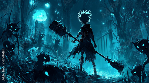 A character with dark clothing, carrying a large weapon, surrounded by demons in a haunted forest, Anime style photo