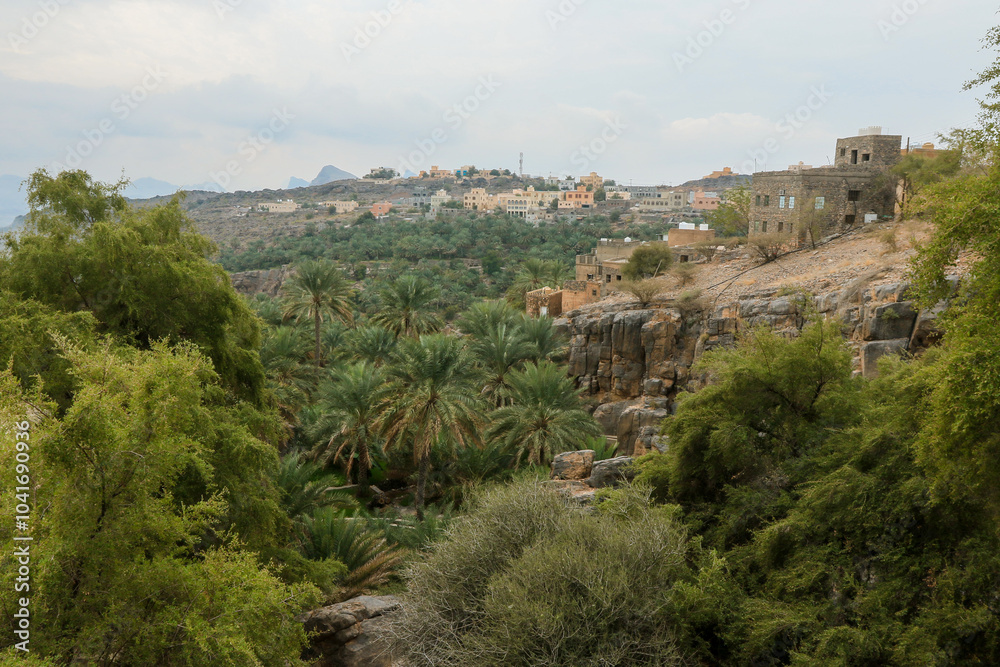 A tranquil village landscape in Oman surrounded by lush palm trees and rugged mountains under a cloudy sky A tranquil village landscape in Oman surrounded by lush palm trees and rugged mountains under a cloudy sky